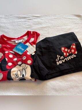 Disney Minnie Mouse 2-Pc Set NWT Girls Size 8-9 Red Polka Dot Top & Black Shorts